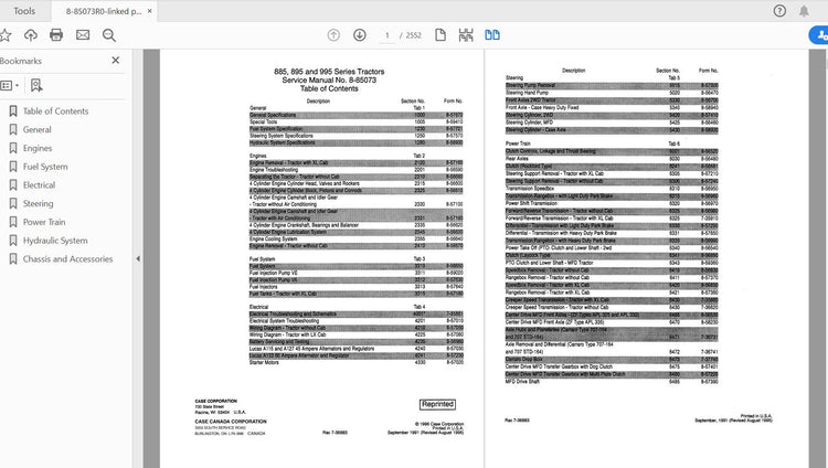CASE IH TRACTOR 885,895,995 COMPLETE SERVICE MANUAL 8-85073R0 - PDF FILE