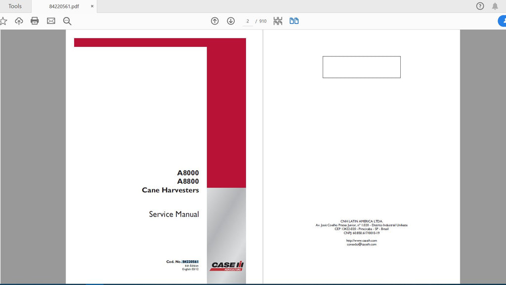 CASE IH TRACTOR A8000, A8800 CANE HARVESTERS SERVICE MANUAL 84220561 - PDF FILE