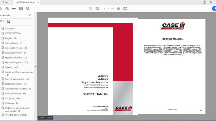 CASE IH TRACTOR A8000, A8800 SUGAR CANE HARVESTER SERVICE MANUAL 48063380 - PDF FILE