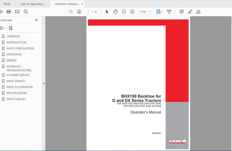 CASE IH TRACTOR BHX190 BACKHOE FOR D, DX SRS - 87042341 OPERATOR’S MANUAL - PDF FILE