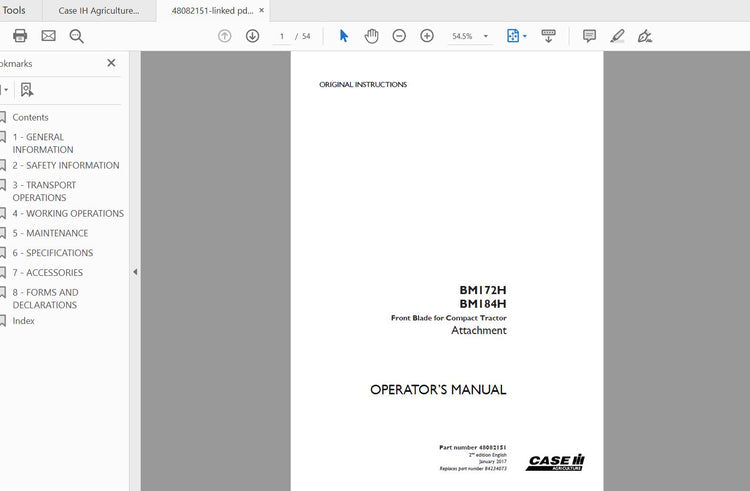 CASE IH Tractor BM172H & BM184H Front Blade for Compact – 48082151 Operator’s Manual PDF
