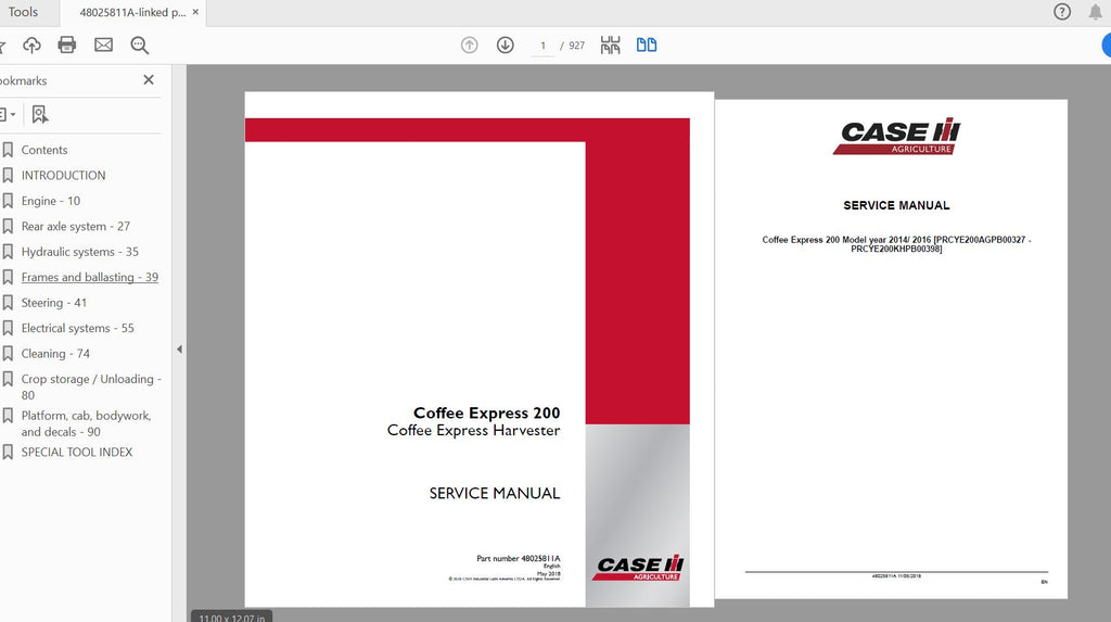 CASE IH TRACTOR COFFEE EXPRESS 200 COFFEE EXPRESS HARVESTER SERVICE MANUAL 48025811A - PDF FILE