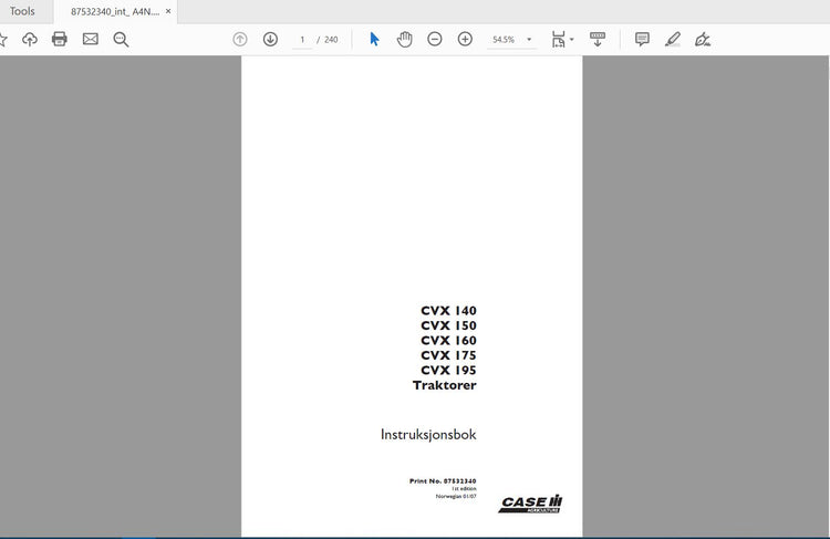 CASE IH Tractor CVX 140, 150, 160, 175, 195 87532340 Operator’s Manual PDF File