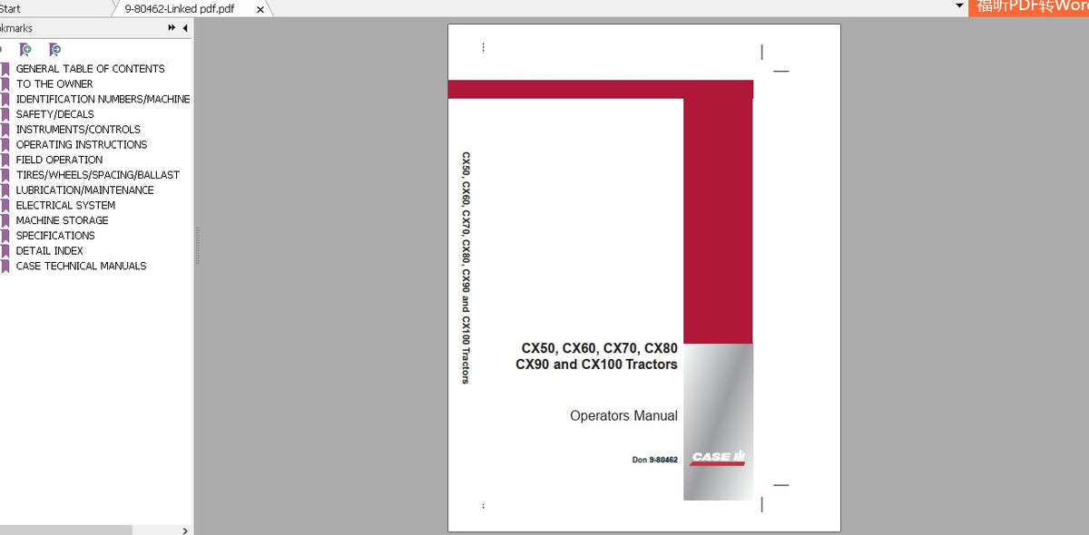 CASE IH TRACTOR CX50, 60, 70, 80, 90, 100 9-80462 OPERATOR’S MANUAL – PDF FILE