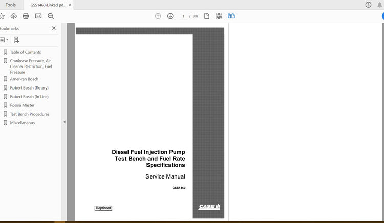 CASE IH TRACTOR DIESEL FUEL INJECT PUMP TEST BENCH, FUEL RATE SPEC SERVICE MANUAL GSS1460 - PDF FILE