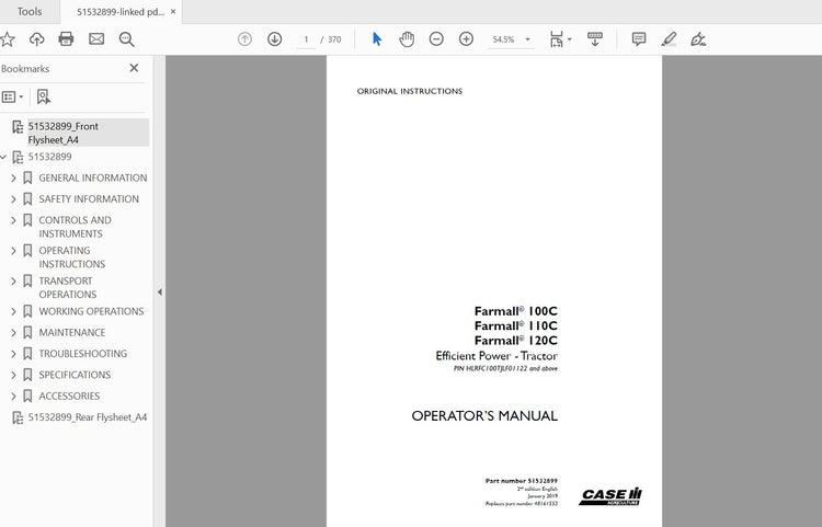 CASE IH TRACTOR FARMALL 100C,110C,120C 51532899 OPERATOR’S MANUAL - PDF FILE