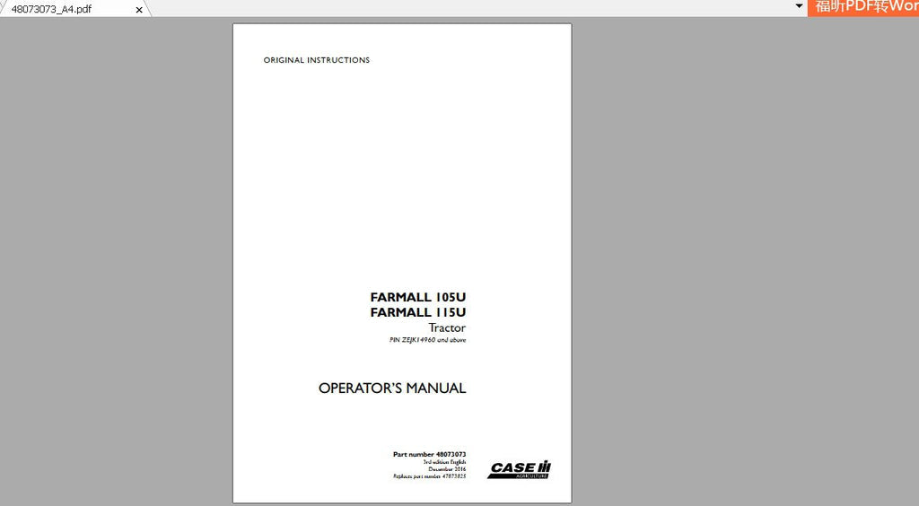CASE IH TRACTOR FARMALL 105U, 115U 48073073 OPERATOR’S MANUAL - PDF FILE