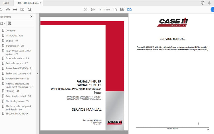 CASE IH TRACTOR FARMALL 105U EP, 115U EP WITH 16 X 16 SEMI-POWERSHIFT TRANSMISSION SERVICE MANUAL 47841818 - PDF FILE