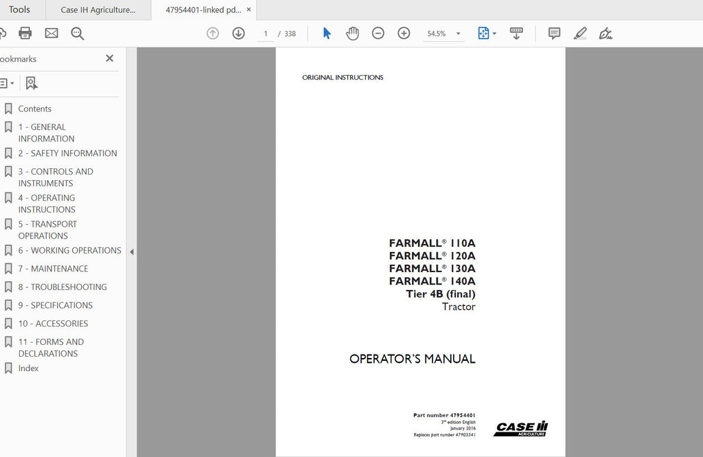 CASE IH TRACTOR FARMALL 110A, 120A, 130A, 140A TIER 4B (FINAL) 47954401 OPERATOR’S MANUAL - PDF FILE
