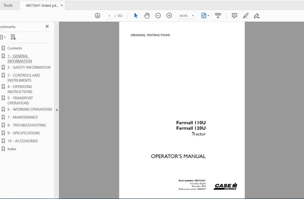 CASE IH TRACTOR FARMALL 110U,120U 48073641 OPERATOR’S MANUAL - PDF FILE