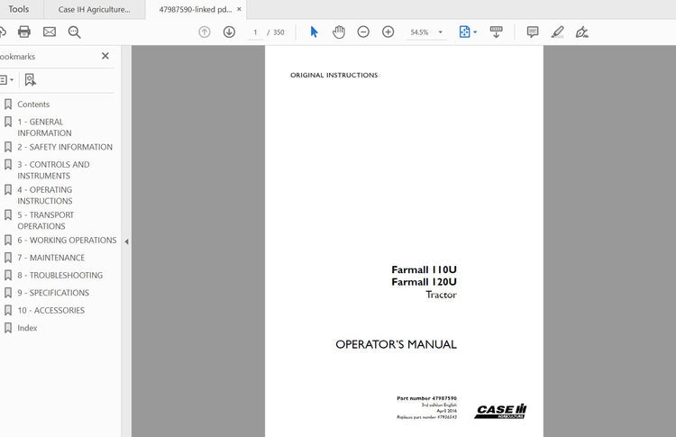 CASE IH TRACTOR FARMALL® 110U, FARMALL® 120U 47987590 OPERATOR’S MANUAL - PDF FILE