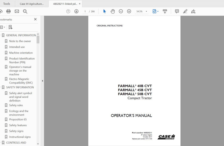 CASE IH TRACTOR FARMALL® 40B, FARMALL® 45B, FARMALL® 50B CVT 48028211 OPERATOR’S MANUAL - PDF FILE