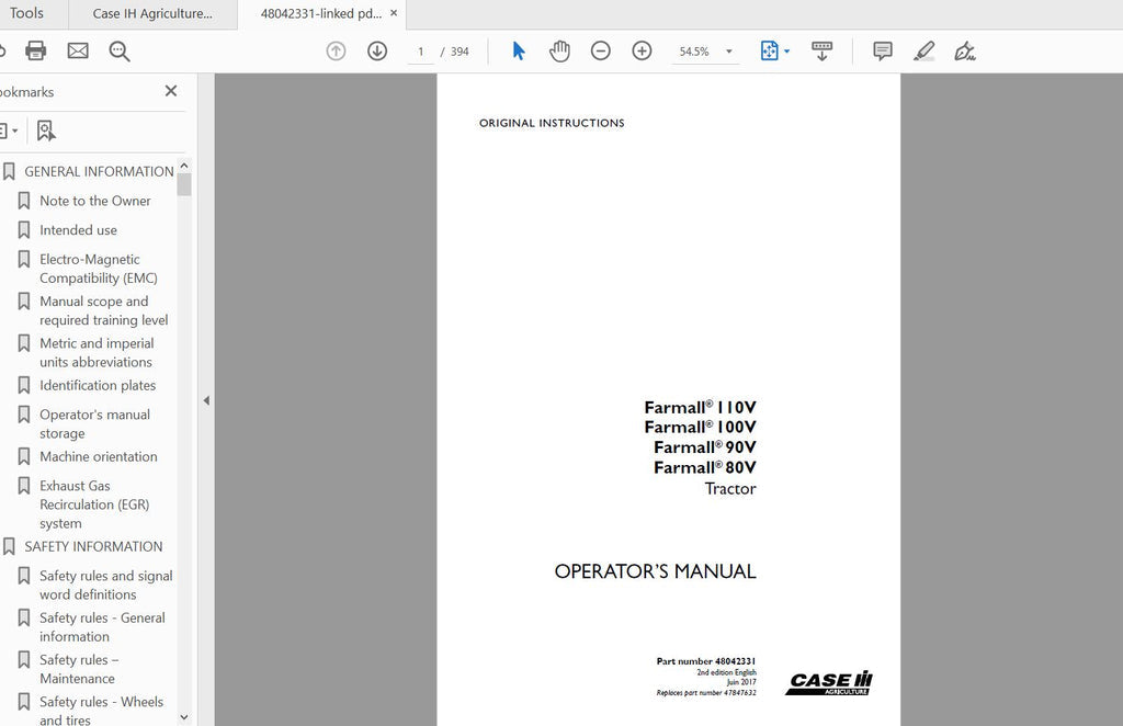 CASE IH TRACTOR FARMALL 80V, FARMALL 90V, FARMALL 100V, FARMALL 110V TIER 4A (INTERIM) 48042331 OPERATOR’S MANUAL - PDF FILE
