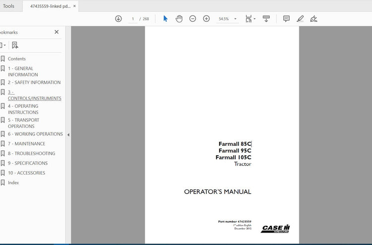 CASE IH TRACTOR FARMALL 85C, 95C, 105C 47435559 OPERATOR’S MANUAL - PDF FILE