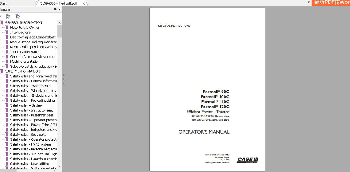 CASE IH TRACTOR FARMALL 90C, 100C,110C, 120C EFFICIENT POWER 51594063 OPERATOR’S MANUAL - PDF FILE