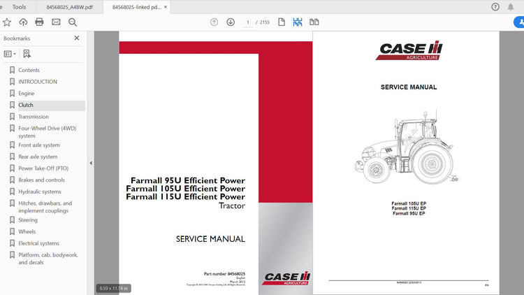 CASE IH TRACTOR FARMALL 95U, 105U, 115U EFFICIENT POWER SERVICE MANUAL 84568025 - PDF FILE