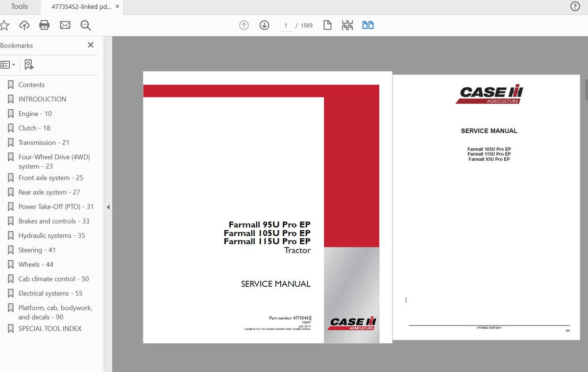 CASE IH TRACTOR FARMALL 95U PRO EP, 105U PRO EP, 115U PRO EP SERVICE MANUAL 47735452 - PDF FILE