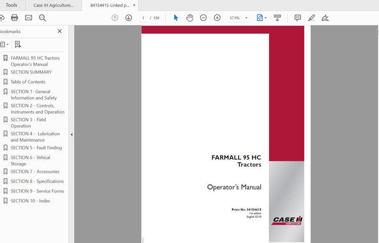 CASE IH TRACTOR FARMALL 95 HC 84154415 OPERATOR’S MANUAL - PDF FILE
