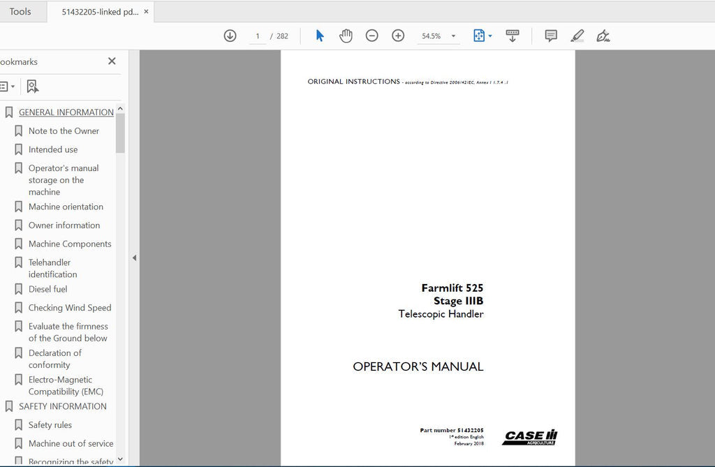 CASE IH TRACTOR FARMLIFT 525 STAGE IIIB 51432205 OPERATOR’S MANUAL - PDF FILE