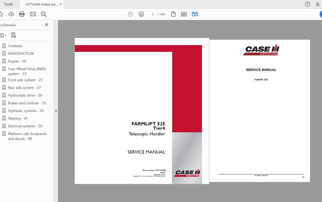 CASE IH TRACTOR FARMLIFT 525 TIER 4 TELESCOPIC HANDLER SERVICE MANUAL 47712944 - PDF FILE