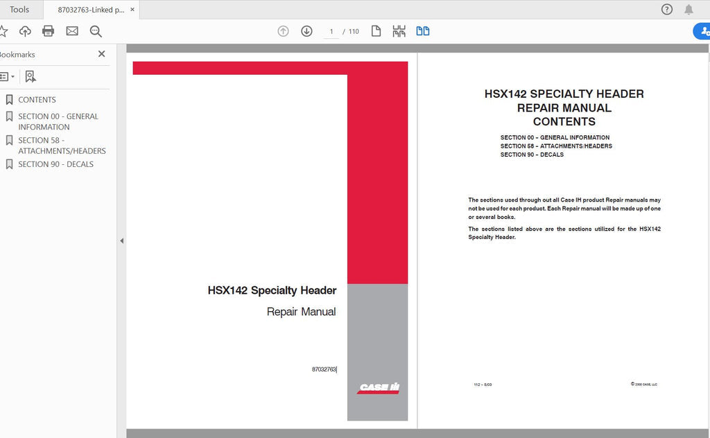 CASE IH TRACTOR HSX142 SPECIALTY HEADER SERVICE MANUAL 87032763 - PDF FILE