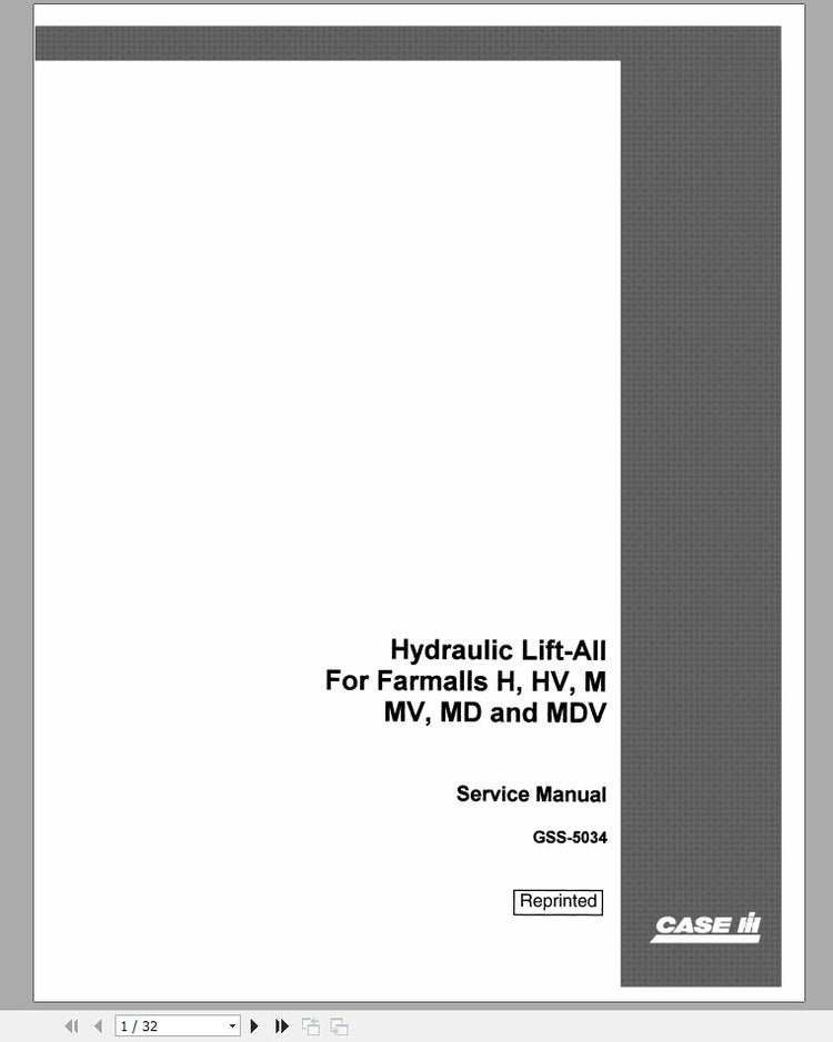 CASE IH TRACTOR H,HW,M,MV,MD,MDV FARMALL HYDRAULIC LIFT SERVICE MANUAL GSS5034 - PDF FILE
