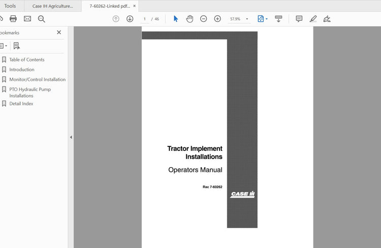 CASE IH TRACTOR IMPLEMENT INSTALLATION 7-60262 OPERATOR’S MANUAL - PDF FILE