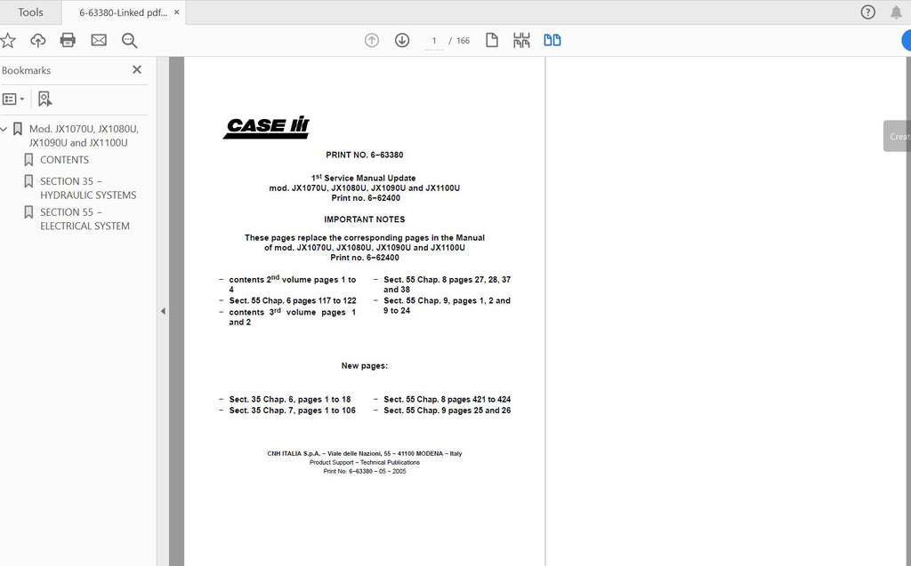 CASE IH TRACTOR JX1070U,1080U,1090U,1100U SUPPLEMENT SERVICE MANUAL 6-63380 - PDF FILE