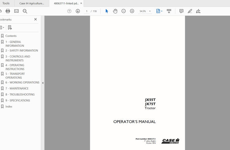 CASE IH TRACTOR JX55T, JX75T 48063711 OPERATOR’S MANUAL - PDF FILE