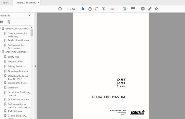 CASE IH TRACTOR JX55T,JX75T 48134823 OPERATOR’S MANUAL - PDF FILE