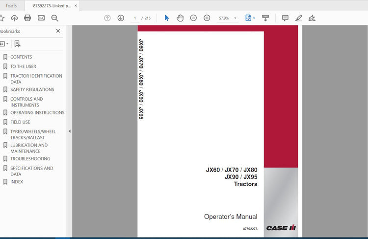 CASE IH TRACTOR JX60, JX70, JX80, JX90, JX95 87592273 OPERATOR’S MANUAL - PDF FILE