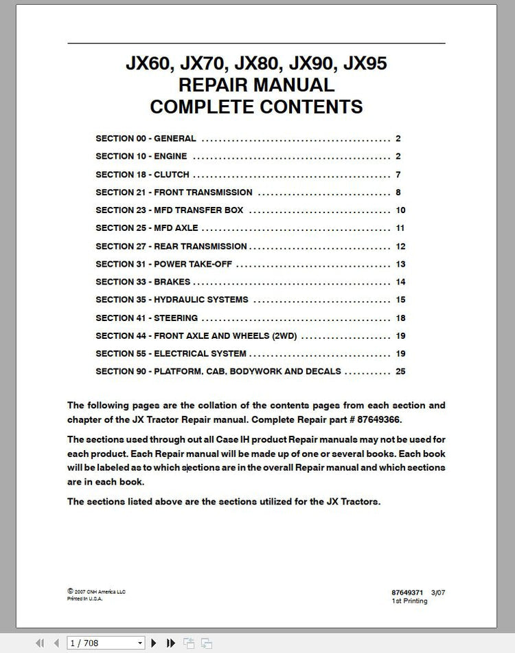 Case IH Tractor JX60, JX70, JX80, JX90, JX95 Service Manual 87649366 (PDF)