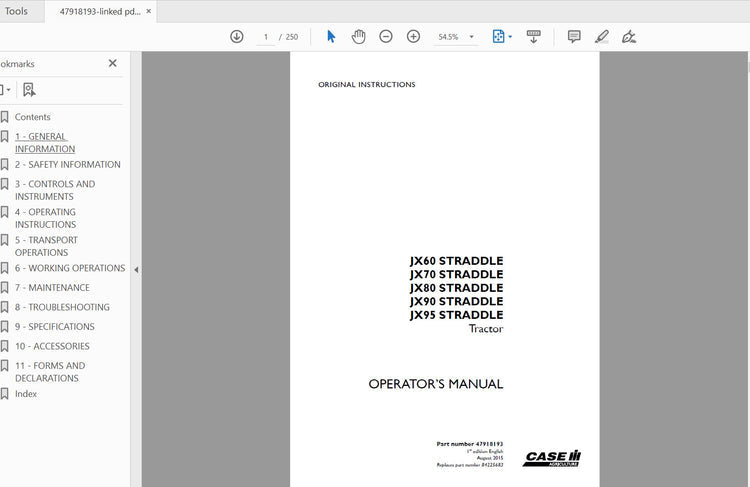 CASE IH TRACTOR JX60,JX70,JX80,JX90,JX95 STRADDLE 47918193 OPERATOR’S MANUAL - PDF FILE