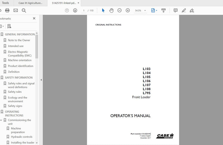 CASE IH TRACTOR L103, L104, L105, L106, L107, L108, L795 FRONT LOADER 51425191 OPERATOR’S MANUAL - PDF FILE