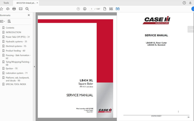 CASE IH TRACTOR LB434 XL SQUARE BALER SERVICE MANUAL 48123759 - PDF FILE