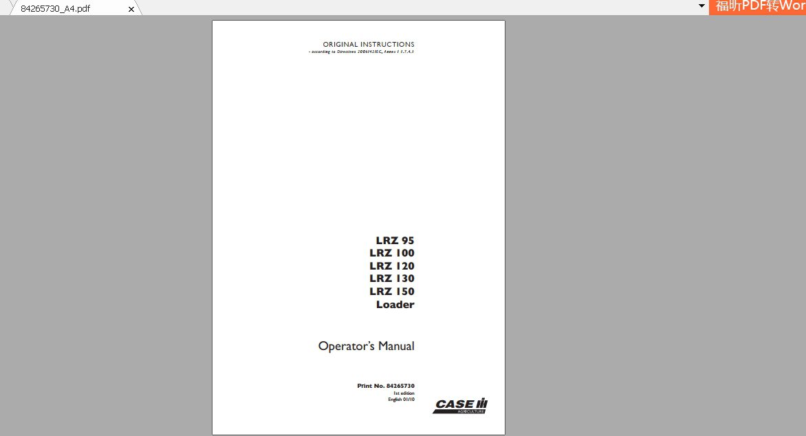 CASE IH TRACTOR LRZ 95 100, 120, 130, 150 LOADER 84265730 OPERATOR’S MANUAL - PDF FILE