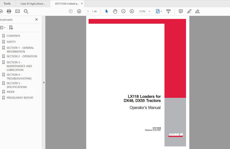 CASE IH TRACTOR LX118 LOADER FOR DX48 AND DX55 TRACTOR 87571259 OPERATOR’S MANUAL - PDF FILE