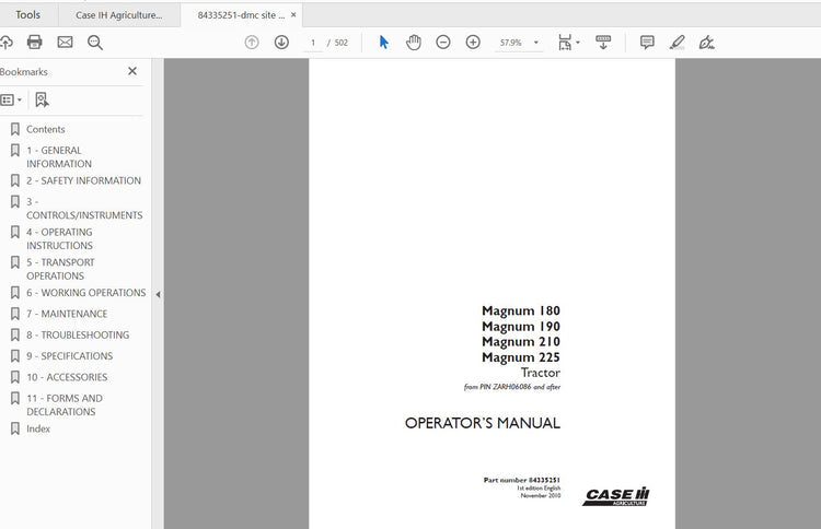CASE IH TRACTOR MAGNUM 180,MAGNUM 190, MAGNUM 210, MAGNUM 225 TRACTOR-CVT TRANSMISSION 84335251 OPERATOR’S MANUAL - PDF FILE
