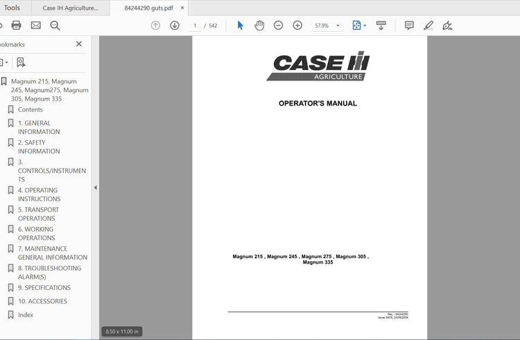CASE IH TRACTOR MAGNUM 215, 245, 275, 305, 335 PIN Z9RZ06000 & AFTER 84244290 OPERATOR’S MANUAL - PDF FILE