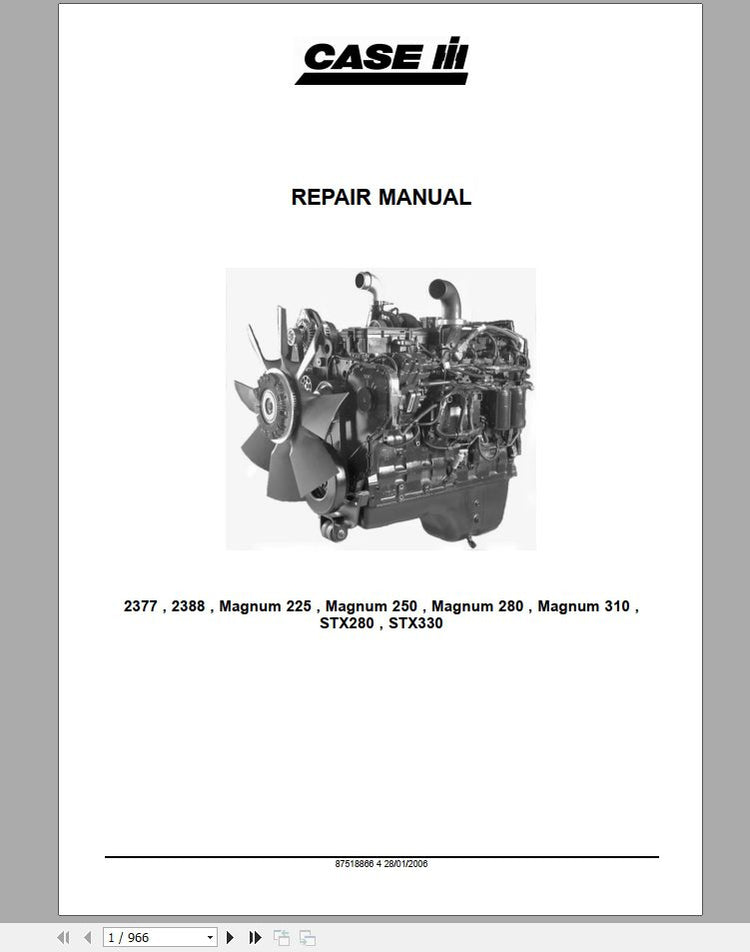 CASE IH TRACTOR MAGNUM 225, 250, 280, 310 REPAIR MANUAL 87518866 - PDF FILE
