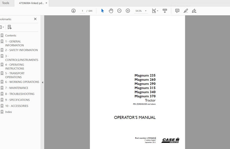 CASE IH Tractor Magnum 235–370 47596084 Operator’s Manual PDF