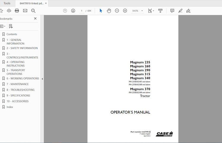 CASE IH TRACTOR MAGNUM 235,260,290,315,340,370 84479910 OPERATOR’S MANUAL - PDF FILE