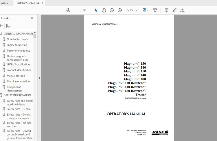 CASE IH TRACTOR MAGNUM 250,280,310,340,380_MAGNUM 310,340,380 ROWTRAC 48158555 OPERATOR’S MANUAL - PDF FILE