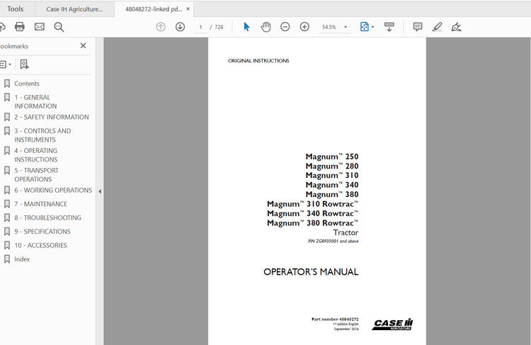 CASE IH TRACTOR MAGNUM 250, 280, 310, 340, 380, MAGNUM 310, 340, 380 ROWTRAC TIER 4B (FINAL) 48048272 OPERATOR’S MANUAL - PDF FILE