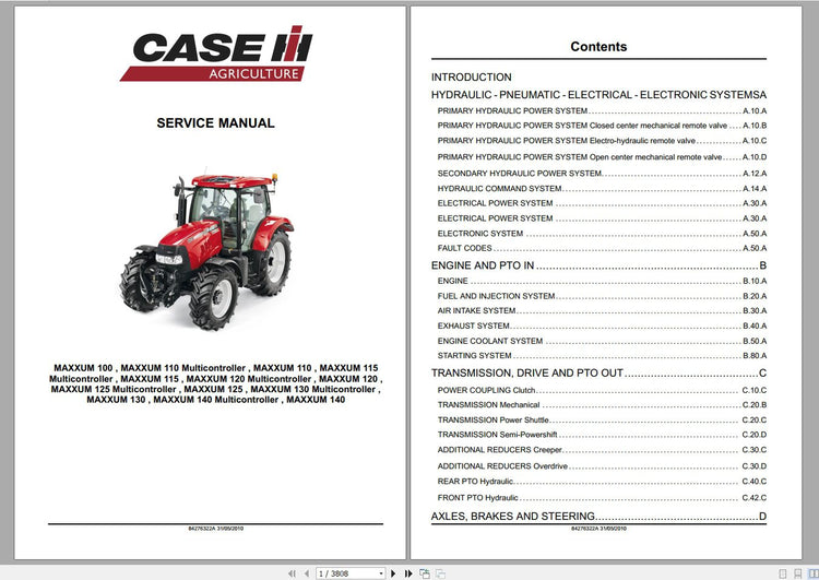 CASE IH TRACTOR MAXXUM 100,110,115,120,125,130,140 SERVICE MANUAL 84276322A - PDF FILE