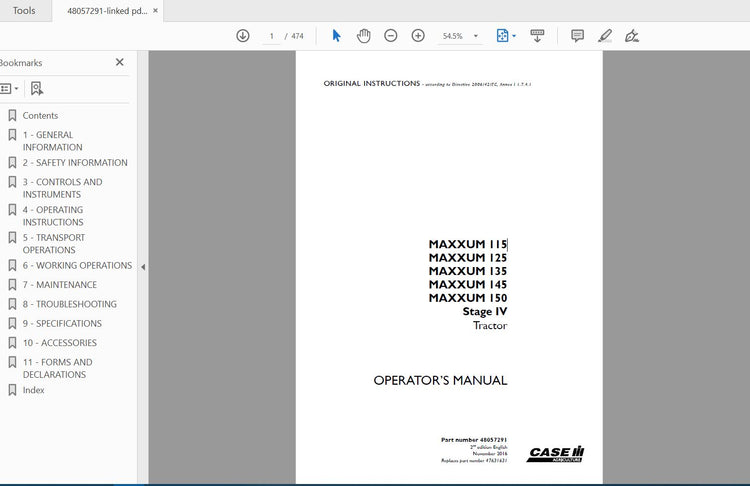CASE IH TRACTOR MAXXUM 115,125,135,145,150 STAGE IV 48057291 OPERATOR’S MANUAL - PDF FILE