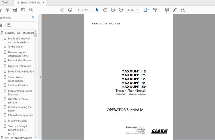 CASE IH TRACTOR MAXXUM 115,125,135,145,150 TIER 4B 51550404 OPERATOR’S MANUAL - PDF FILE