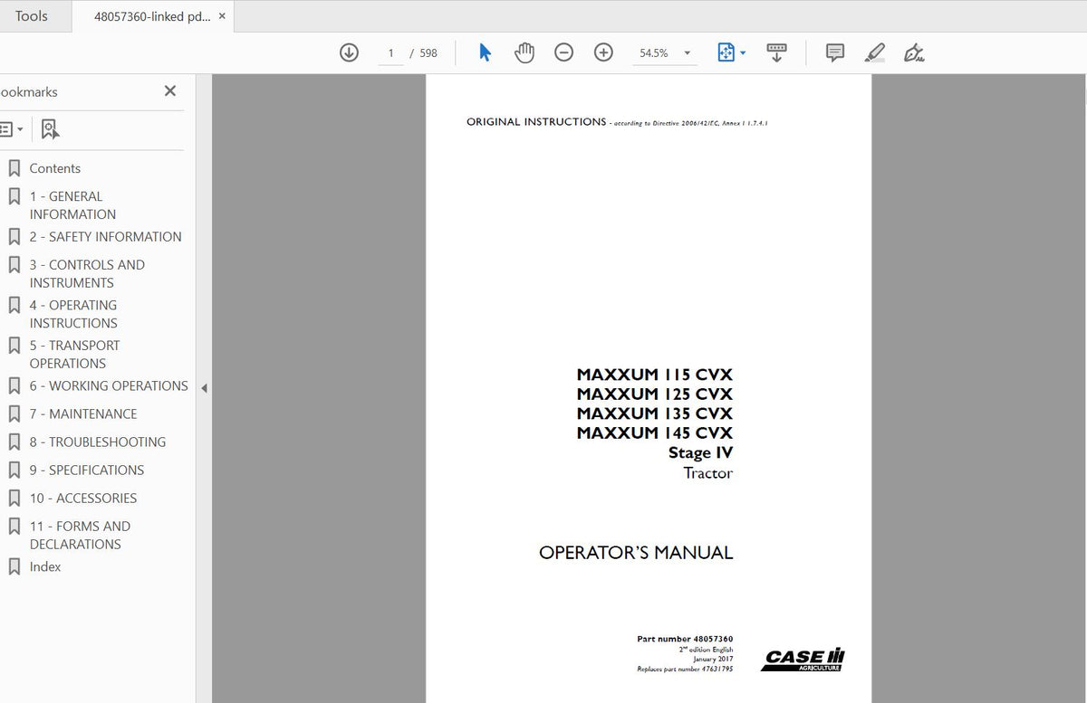 CASE IH TRACTOR MAXXUM 115,125,135,145 CVX STAGE IV 48057360 OPERATOR’S MANUAL - PDF FILE