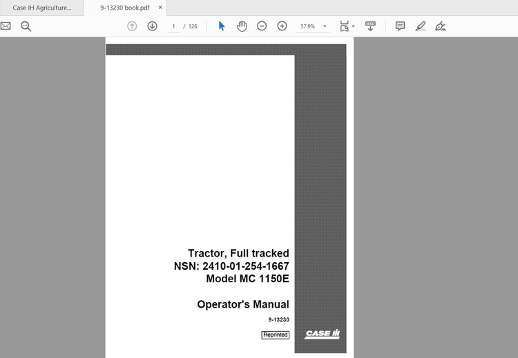 CASE IH TRACTOR MC1150E NSN2410-01-254-1667 9-13230 OPERATOR’S MANUAL - PDF FILE