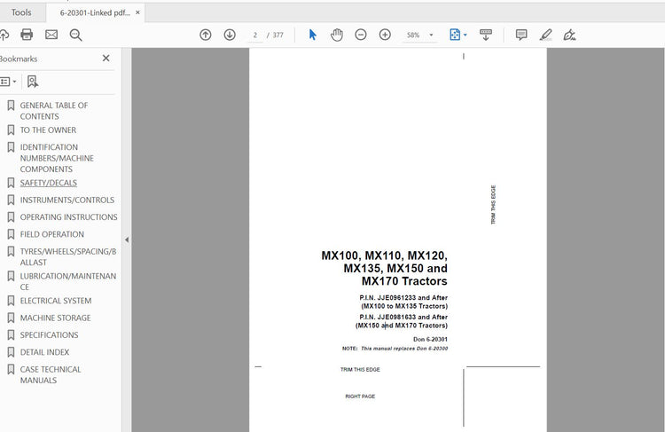 CASE IH TRACTOR MX100, MX110, MX120, MX135, MX150 AND MX170 6-20301 OPERATOR’S MANUAL - PDF FILE